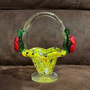 Glass Basket with Floral Accents EUC